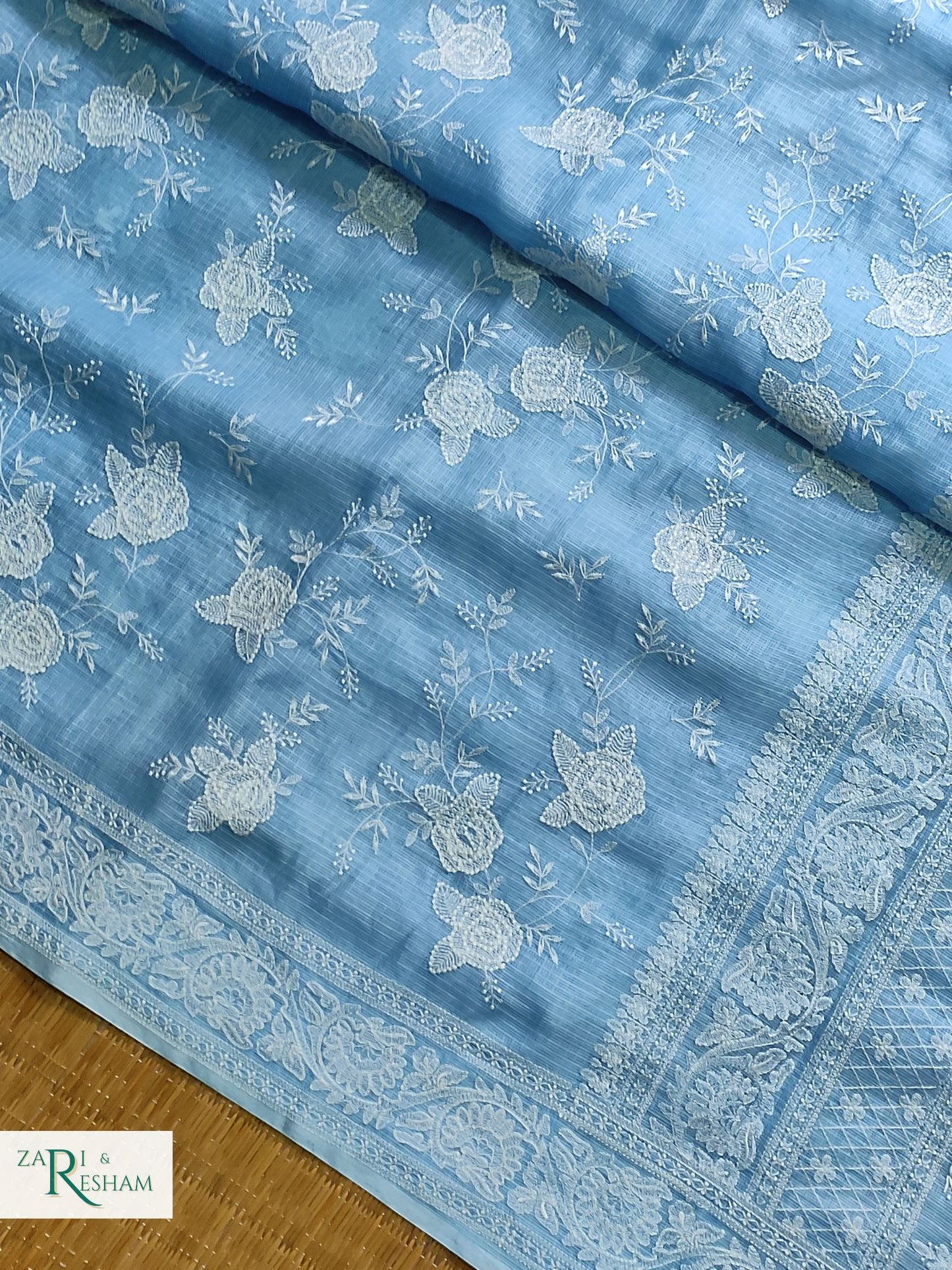 Pure Tusser Kota Silk Saree with Chikankari Rose Jaal Embroidery Work - Powder Blue