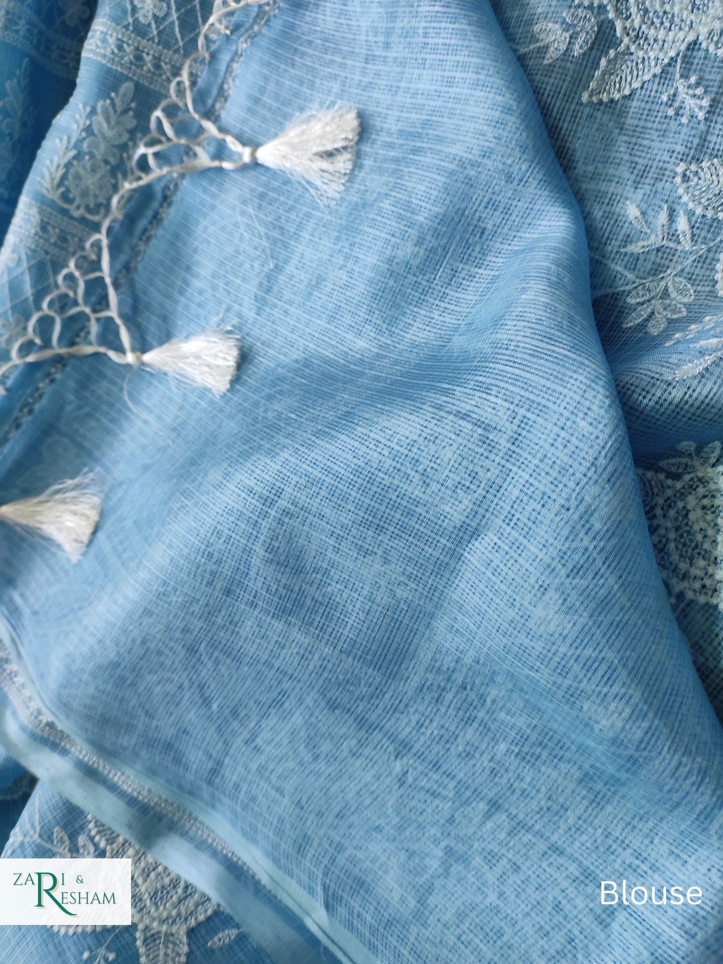 Pure Tusser Kota Silk Saree with Chikankari Rose Jaal Embroidery Work - Powder Blue