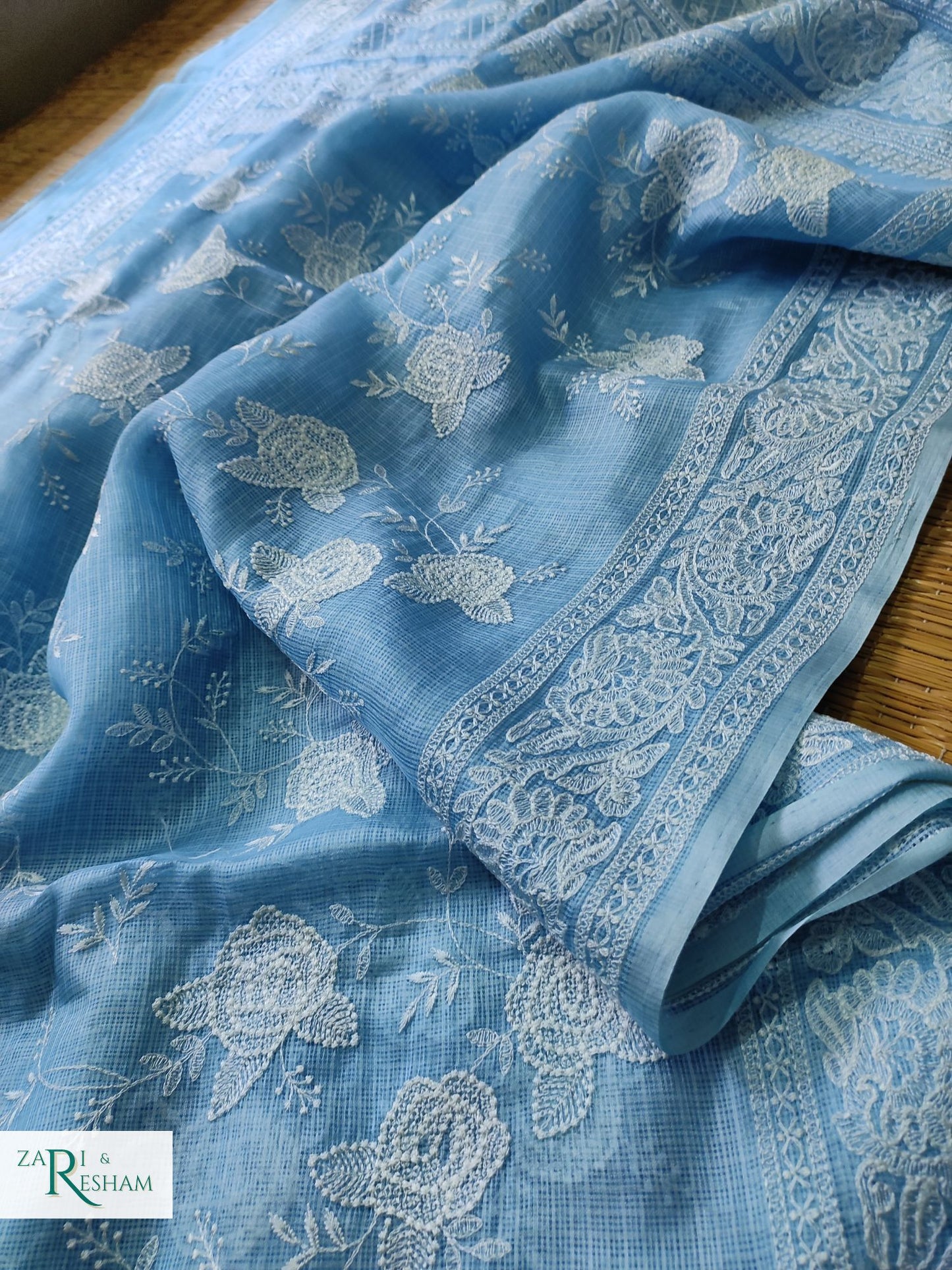 Pure Tusser Kota Silk Saree with Chikankari Rose Jaal Embroidery Work - Powder Blue