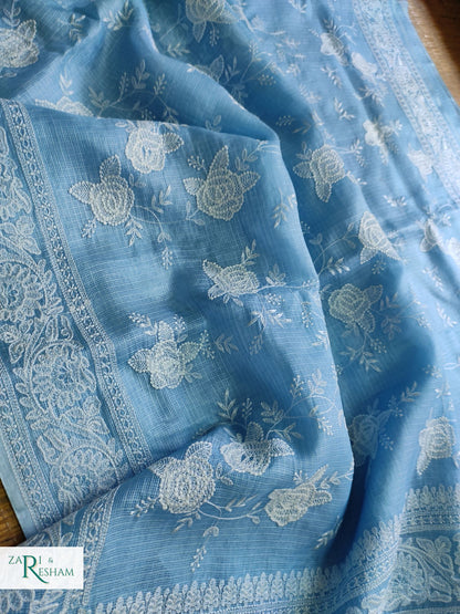 Pure Tusser Kota Silk Saree with Chikankari Rose Jaal Embroidery Work - Powder Blue