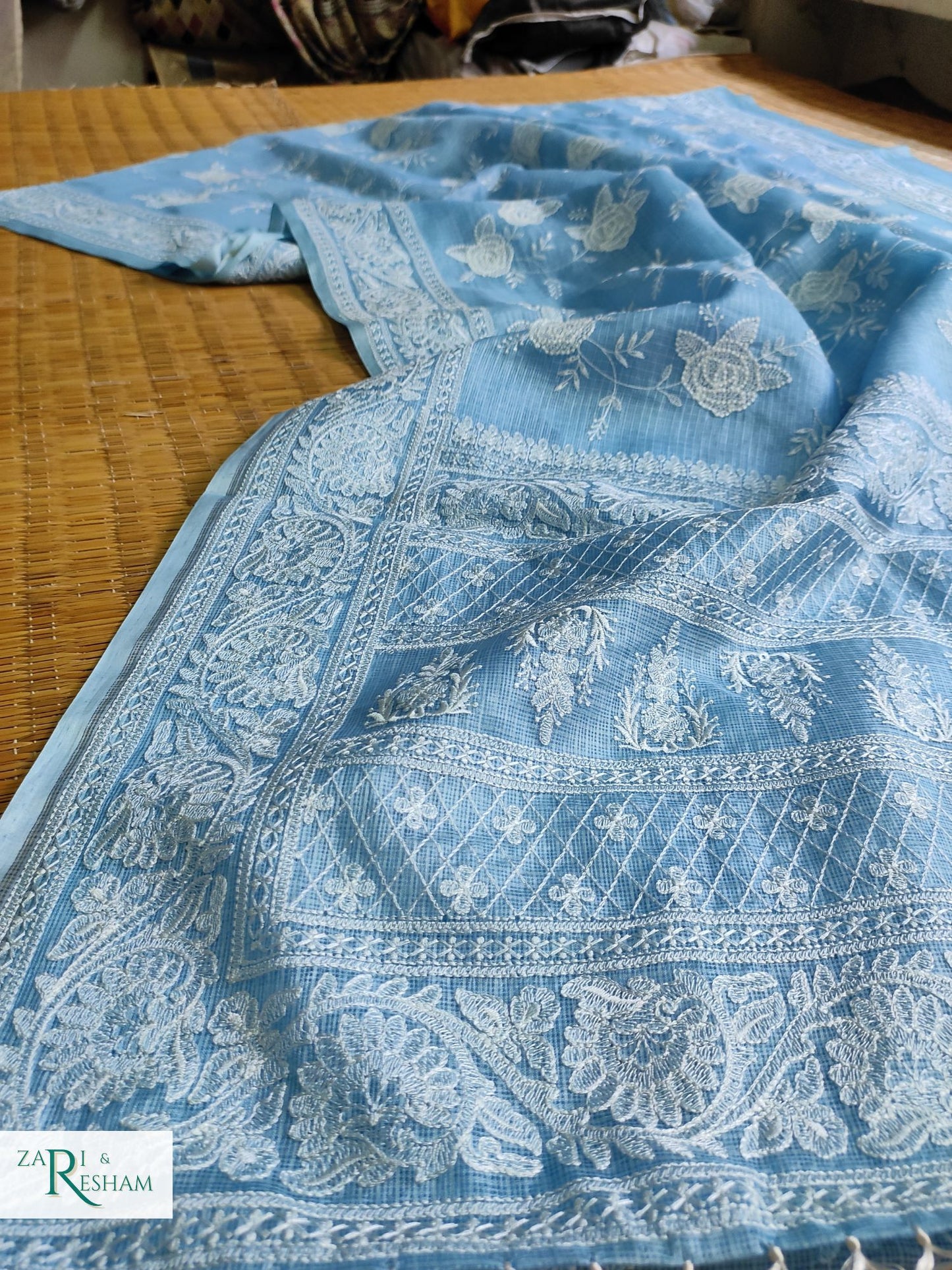 Pure Tusser Kota Silk Saree with Chikankari Rose Jaal Embroidery Work - Powder Blue