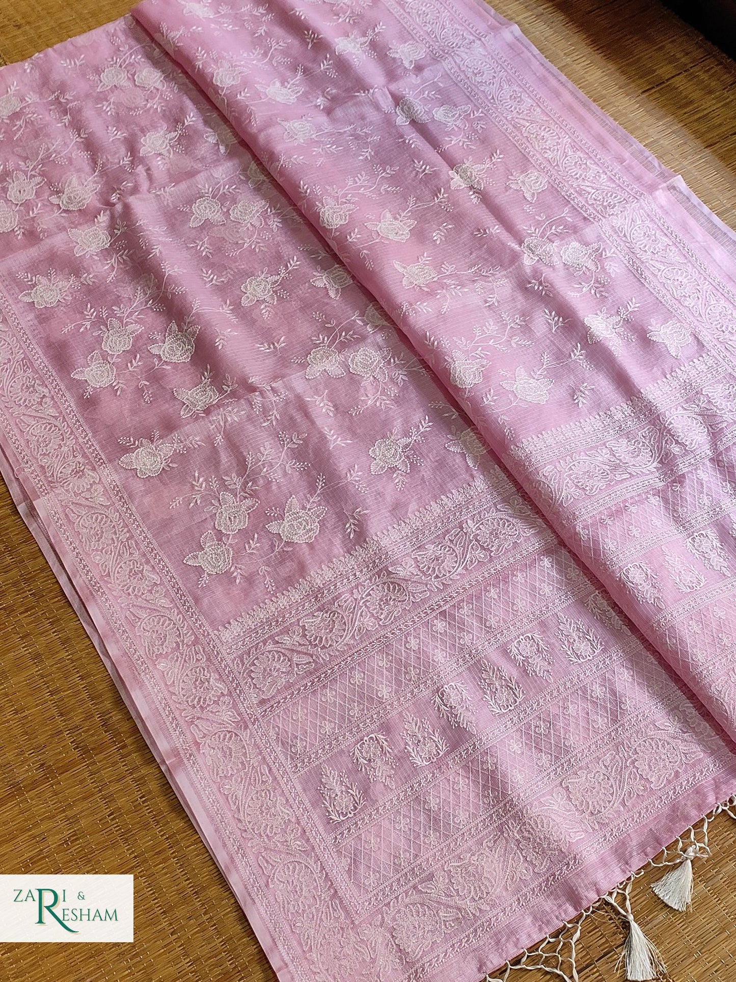 Pure Tusser Kota Silk Saree with Chikankari Rose Jaal Embroidery Work - Baby Pink