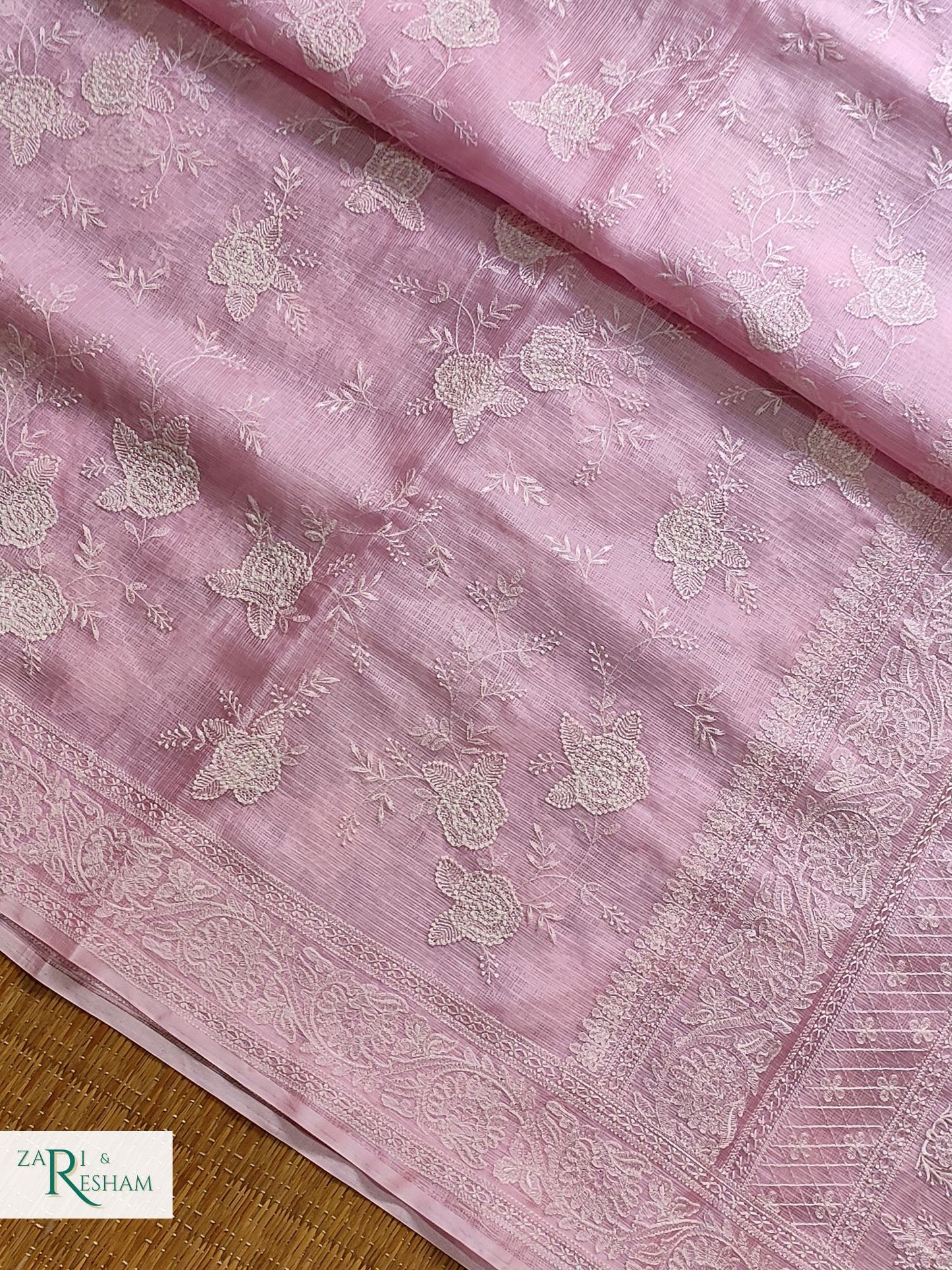 Pure Tusser Kota Silk Saree with Chikankari Rose Jaal Embroidery Work - Baby Pink