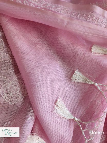 Pure Tusser Kota Silk Saree with Chikankari Rose Jaal Embroidery Work - Baby Pink