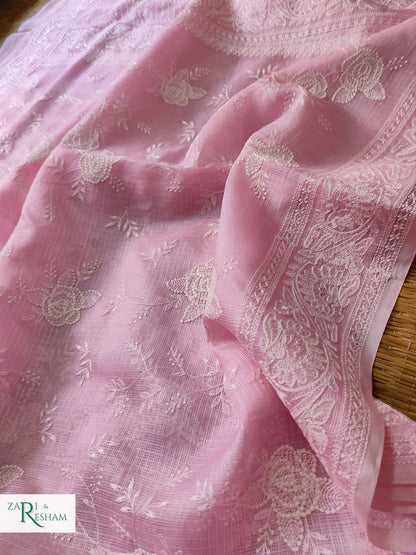 Pure Tusser Kota Silk Saree with Chikankari Rose Jaal Embroidery Work - Baby Pink