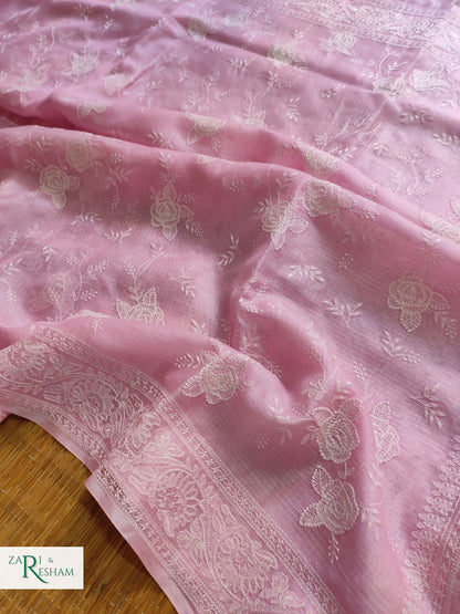 Pure Tusser Kota Silk Saree with Chikankari Rose Jaal Embroidery Work - Baby Pink