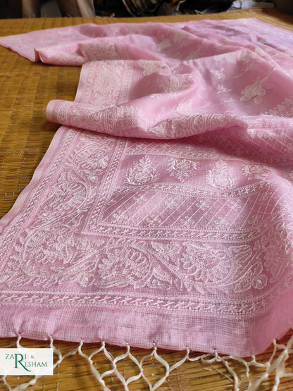 Pure Tusser Kota Silk Saree with Chikankari Rose Jaal Embroidery Work - Baby Pink