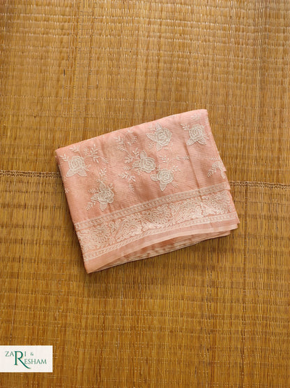 Pure Tusser Kota Silk Saree with Chikankari Rose Jaal Embroidery Work - Peach