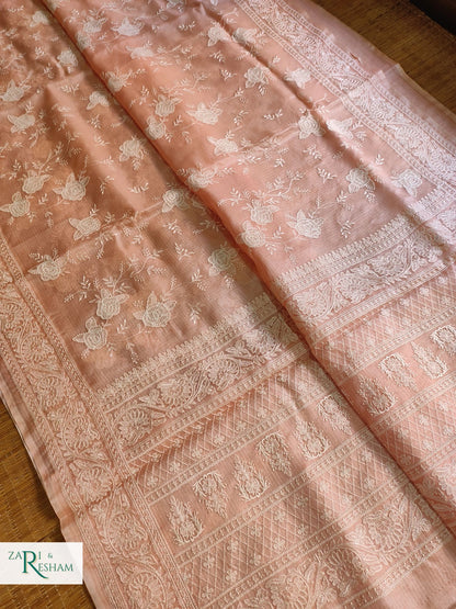 Pure Tusser Kota Silk Saree with Chikankari Rose Jaal Embroidery Work - Peach