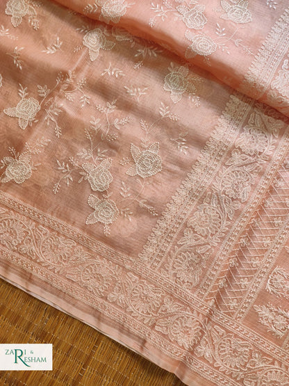 Pure Tusser Kota Silk Saree with Chikankari Rose Jaal Embroidery Work - Peach