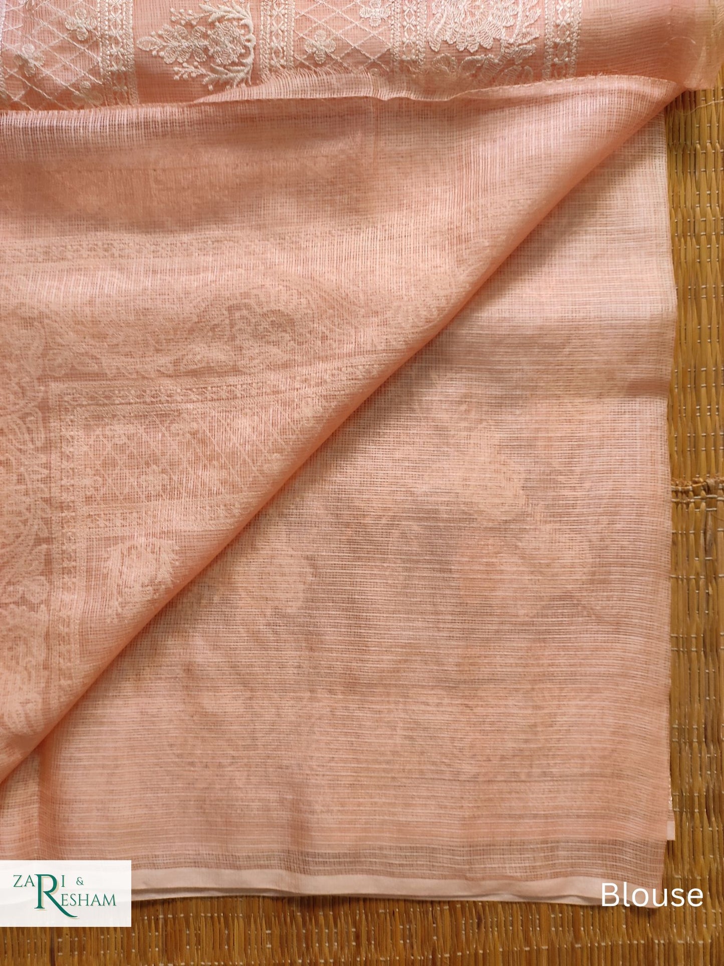 Pure Tusser Kota Silk Saree with Chikankari Rose Jaal Embroidery Work - Peach