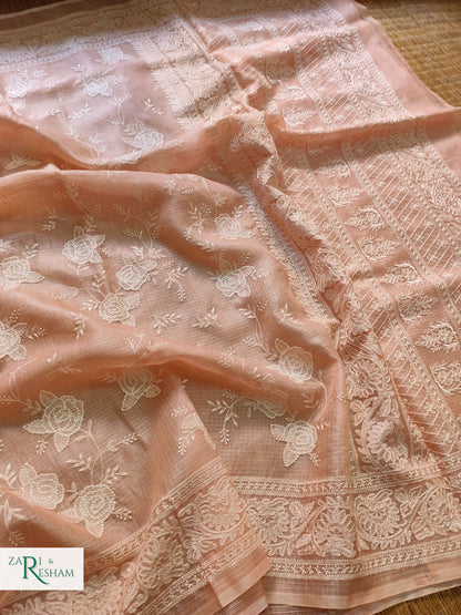 Pure Tusser Kota Silk Saree with Chikankari Rose Jaal Embroidery Work - Peach