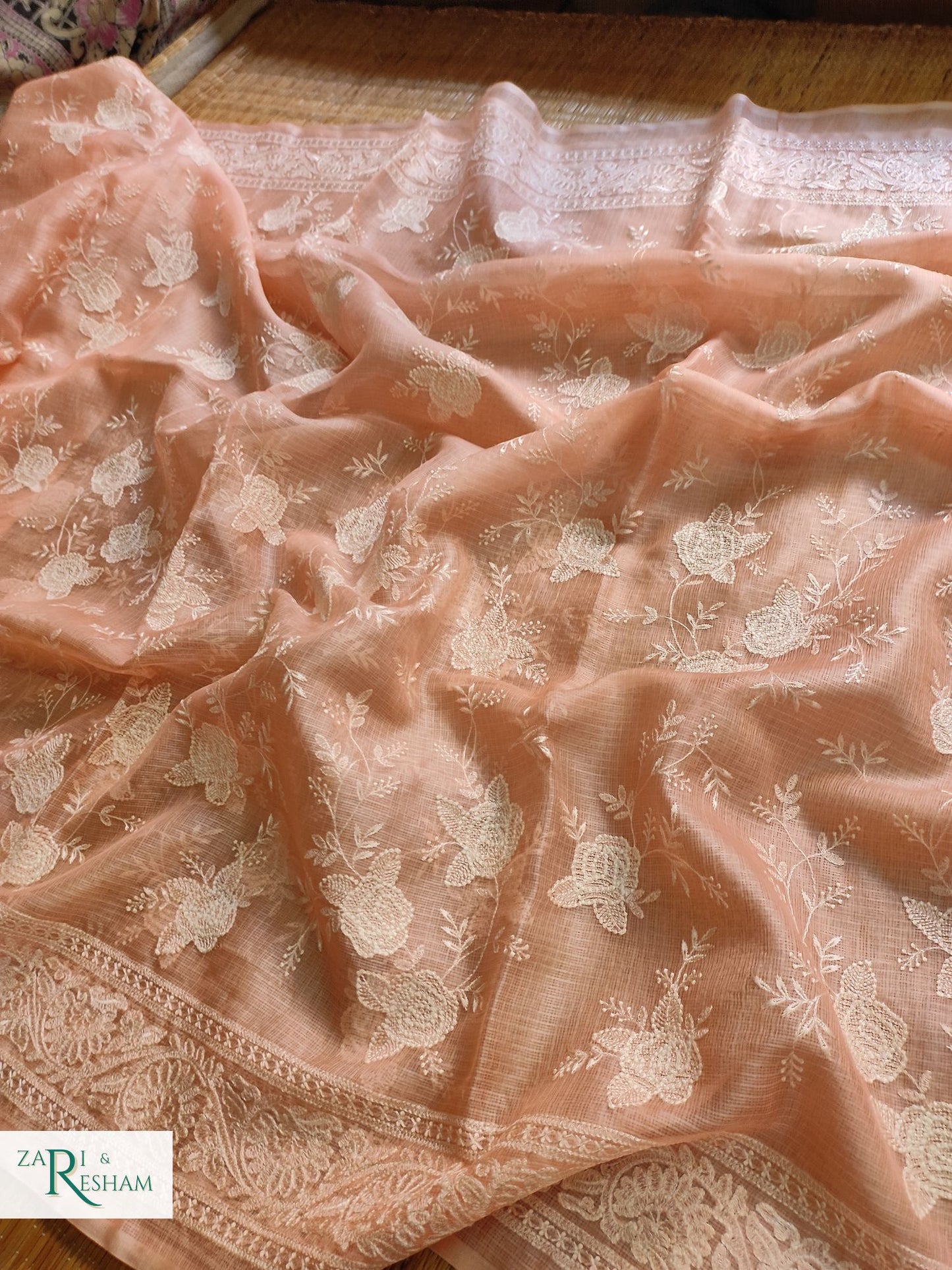 Pure Tusser Kota Silk Saree with Chikankari Rose Jaal Embroidery Work - Peach