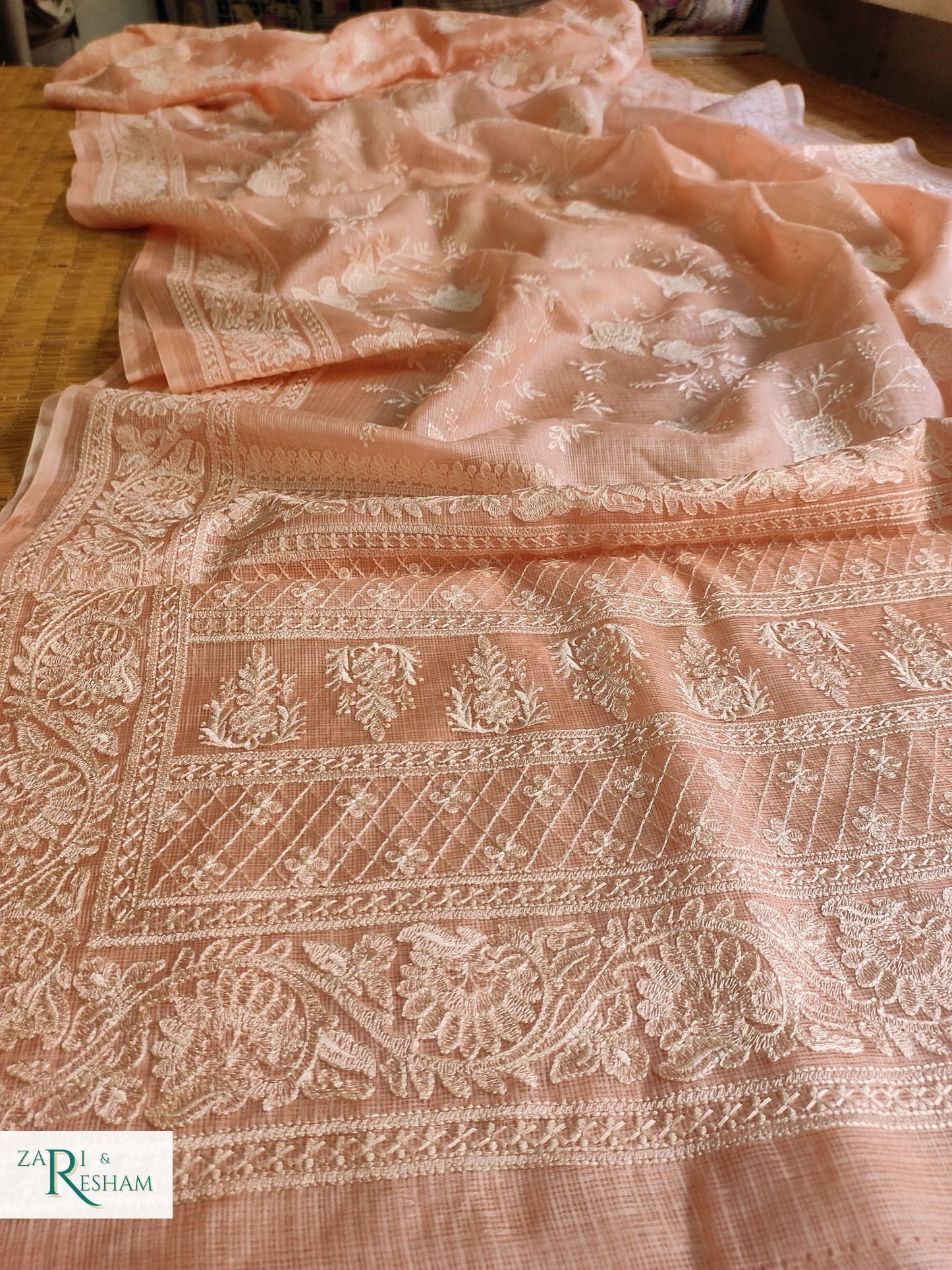 Pure Tusser Kota Silk Saree with Chikankari Rose Jaal Embroidery Work - Peach