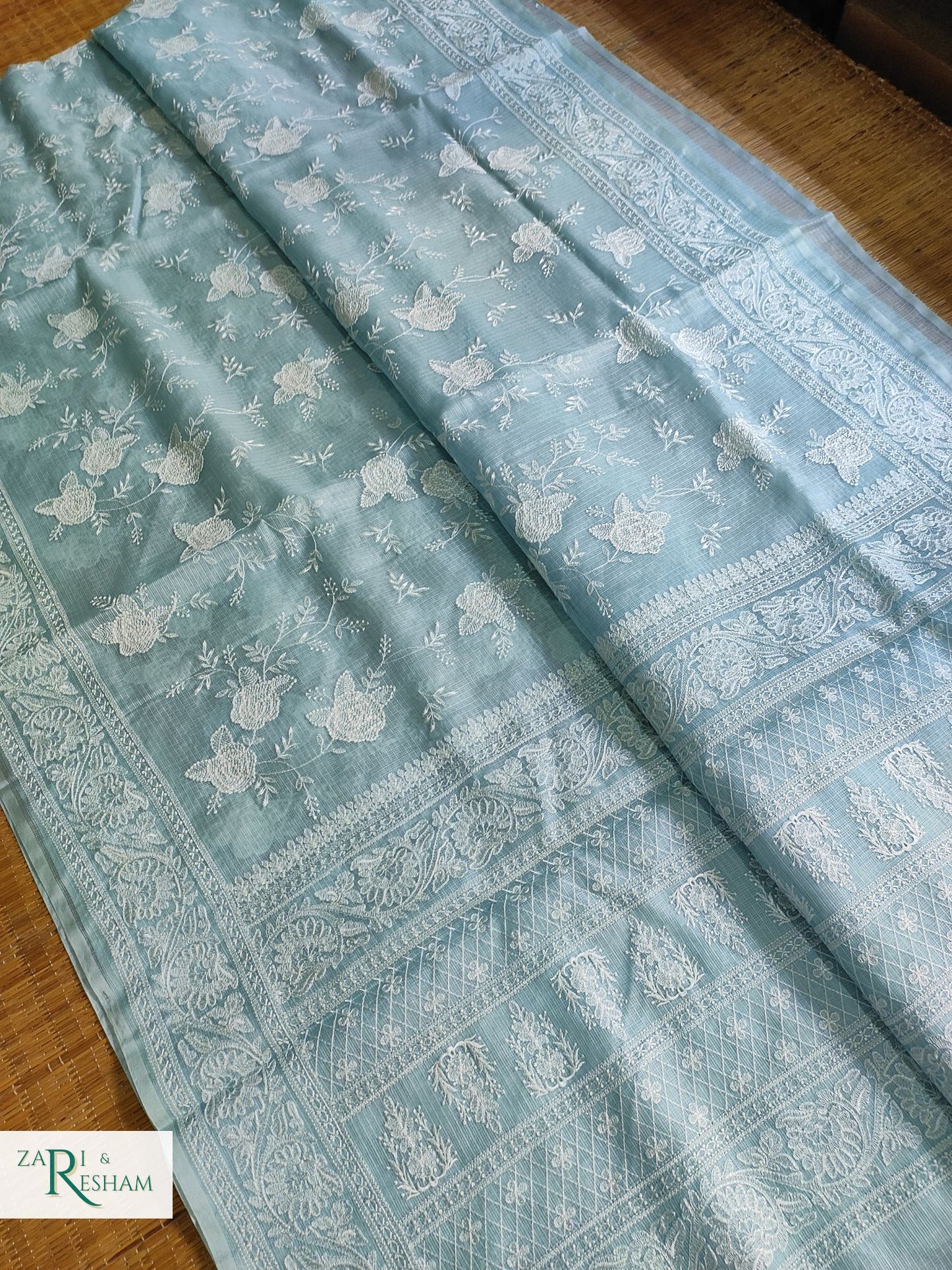 Pure Tusser Kota Silk Saree with Chikankari Rose Jaal Embroidery Work - Sky Blue