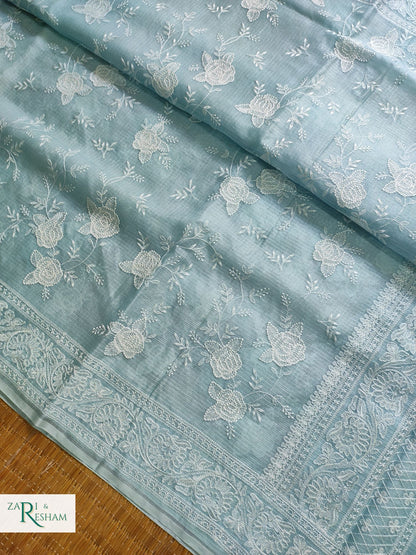 Pure Tusser Kota Silk Saree with Chikankari Rose Jaal Embroidery Work - Sky Blue