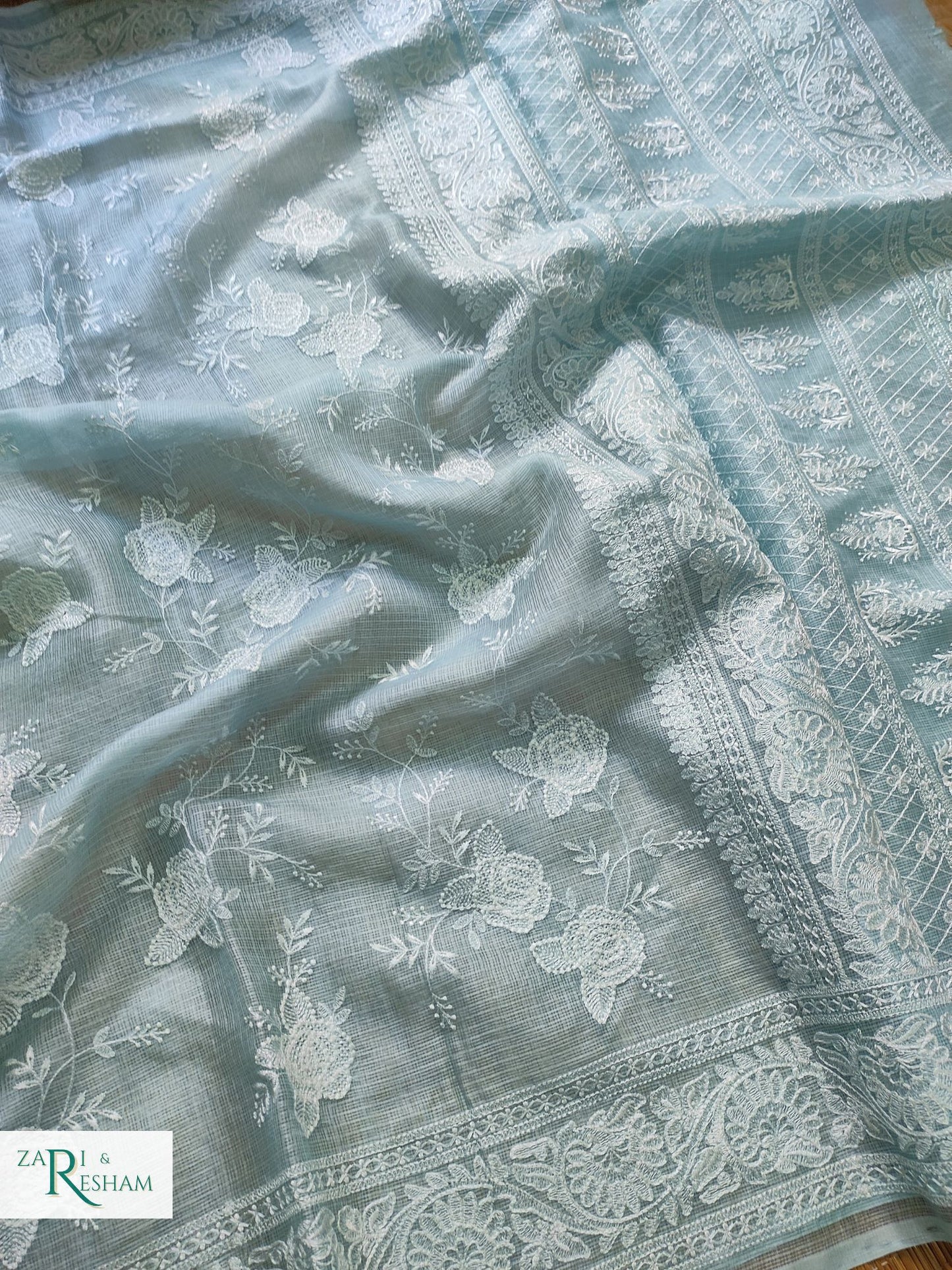 Pure Tusser Kota Silk Saree with Chikankari Rose Jaal Embroidery Work - Sky Blue