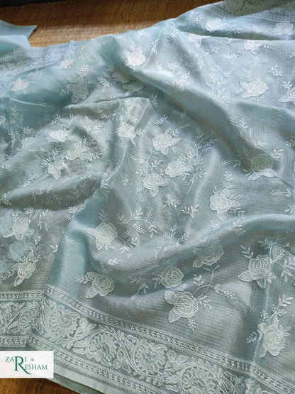 Pure Tusser Kota Silk Saree with Chikankari Rose Jaal Embroidery Work - Sky Blue