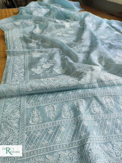 Pure Tusser Kota Silk Saree with Chikankari Rose Jaal Embroidery Work - Sky Blue