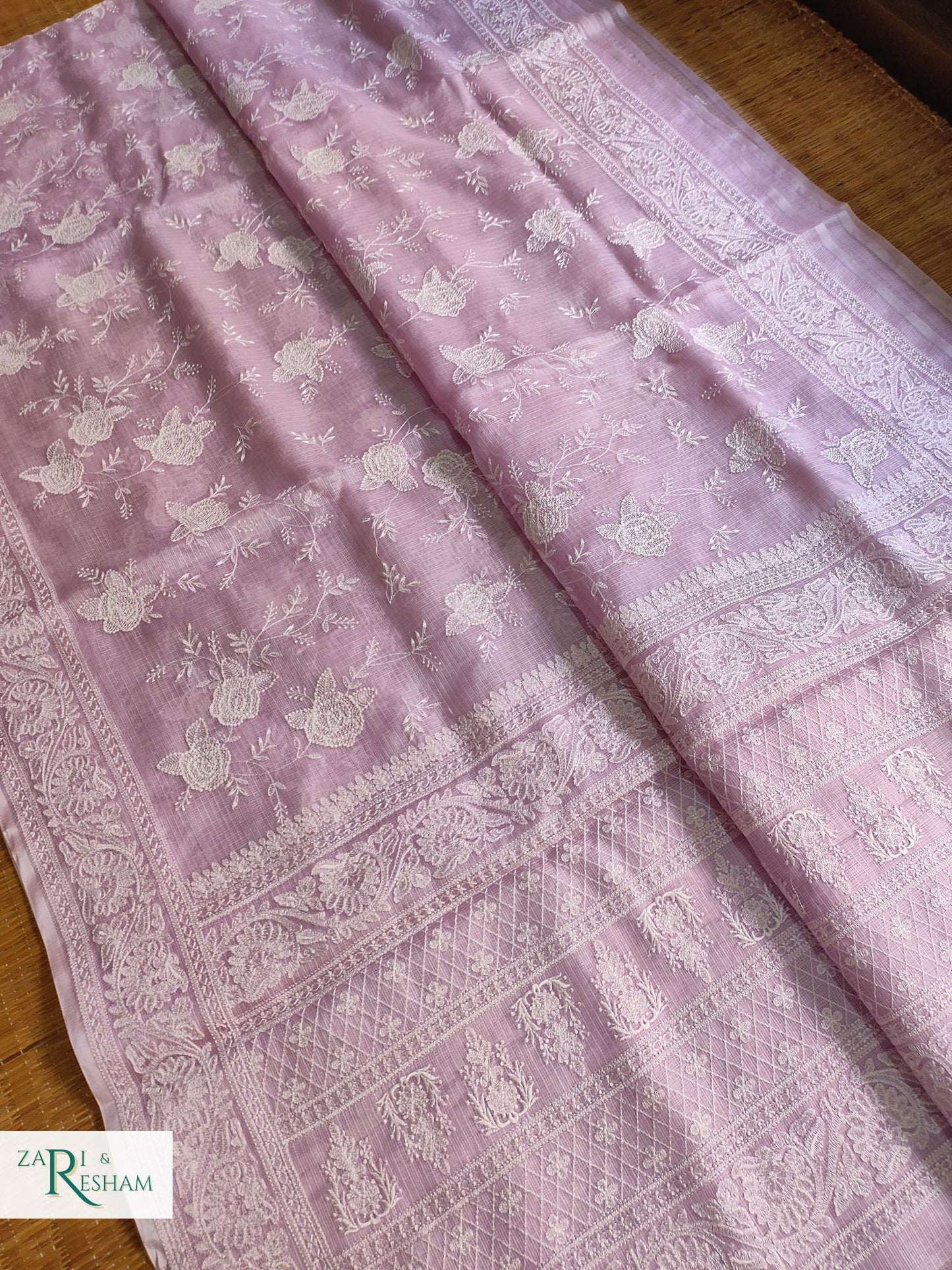 Pure Tusser Kota Silk Saree with Chikankari Rose Jaal Embroidery Work - Light Lavender