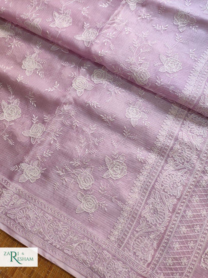 Pure Tusser Kota Silk Saree with Chikankari Rose Jaal Embroidery Work - Light Lavender