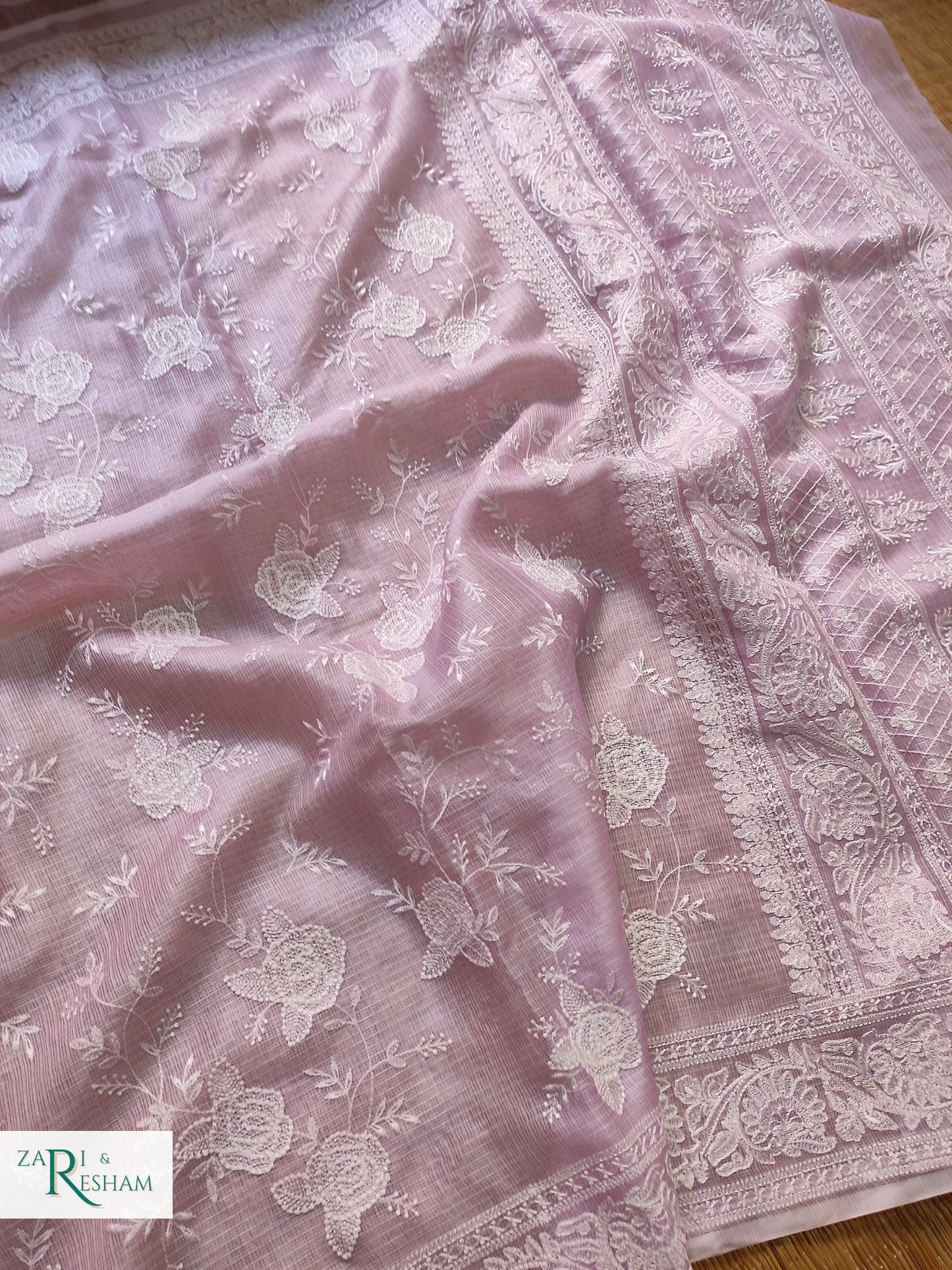 Pure Tusser Kota Silk Saree with Chikankari Rose Jaal Embroidery Work - Light Lavender