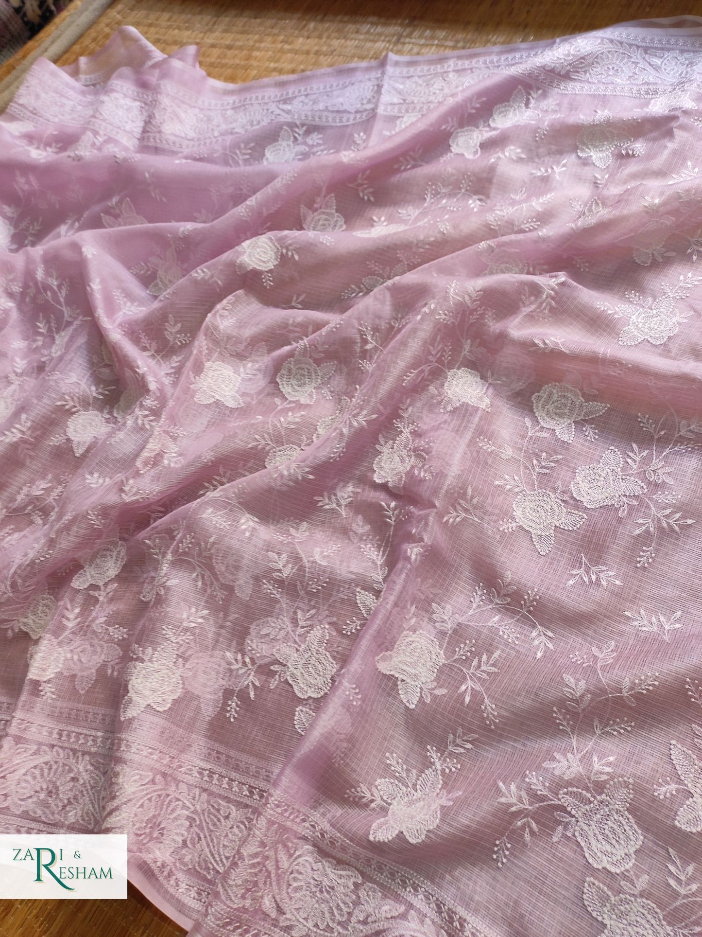 Pure Tusser Kota Silk Saree with Chikankari Rose Jaal Embroidery Work - Light Lavender