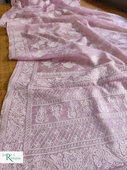 Pure Tusser Kota Silk Saree with Chikankari Rose Jaal Embroidery Work - Light Lavender