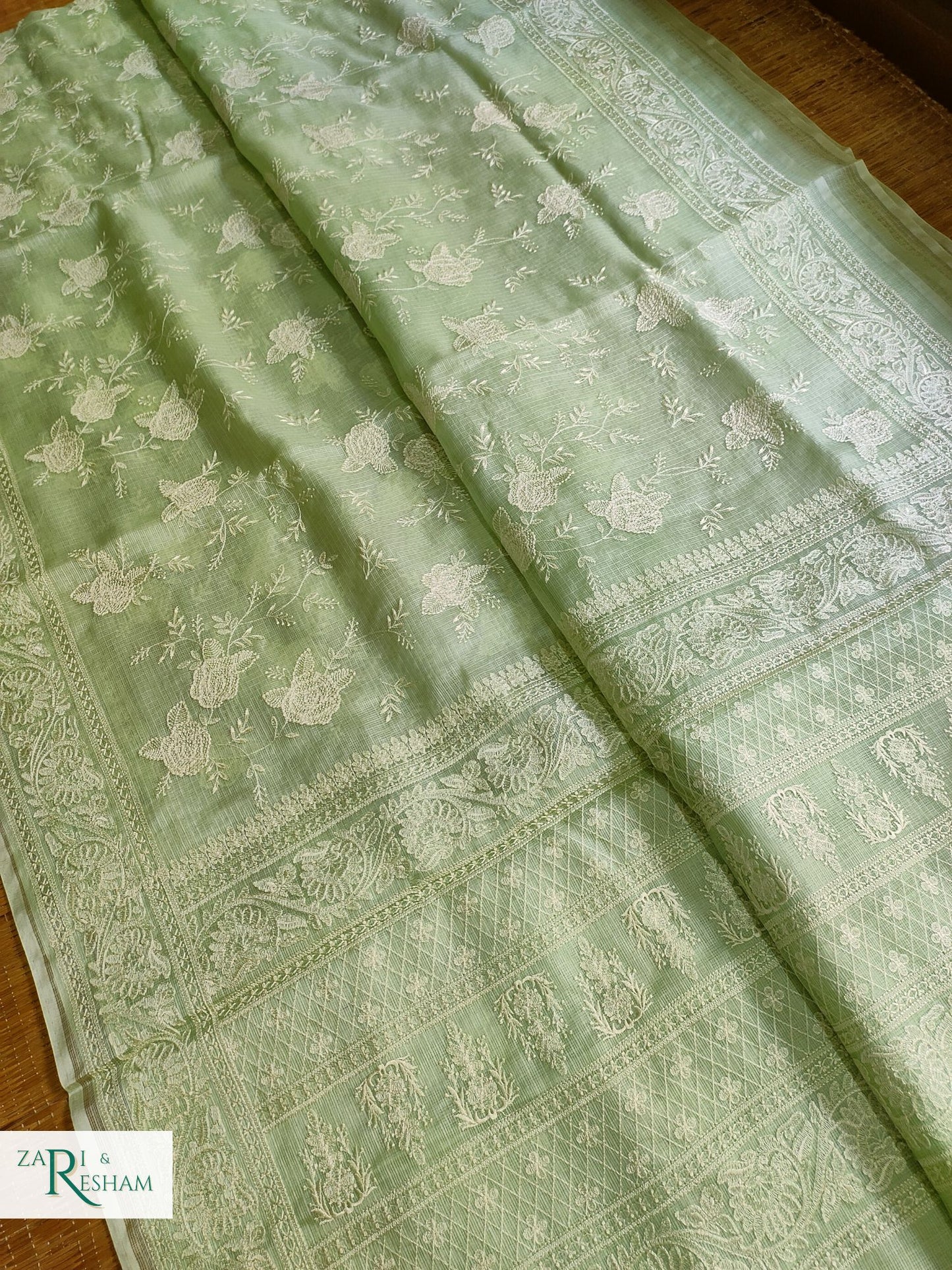 Pure Tusser Kota Silk Saree with Chikankari Rose Jaal Embroidery Work - Pista Green