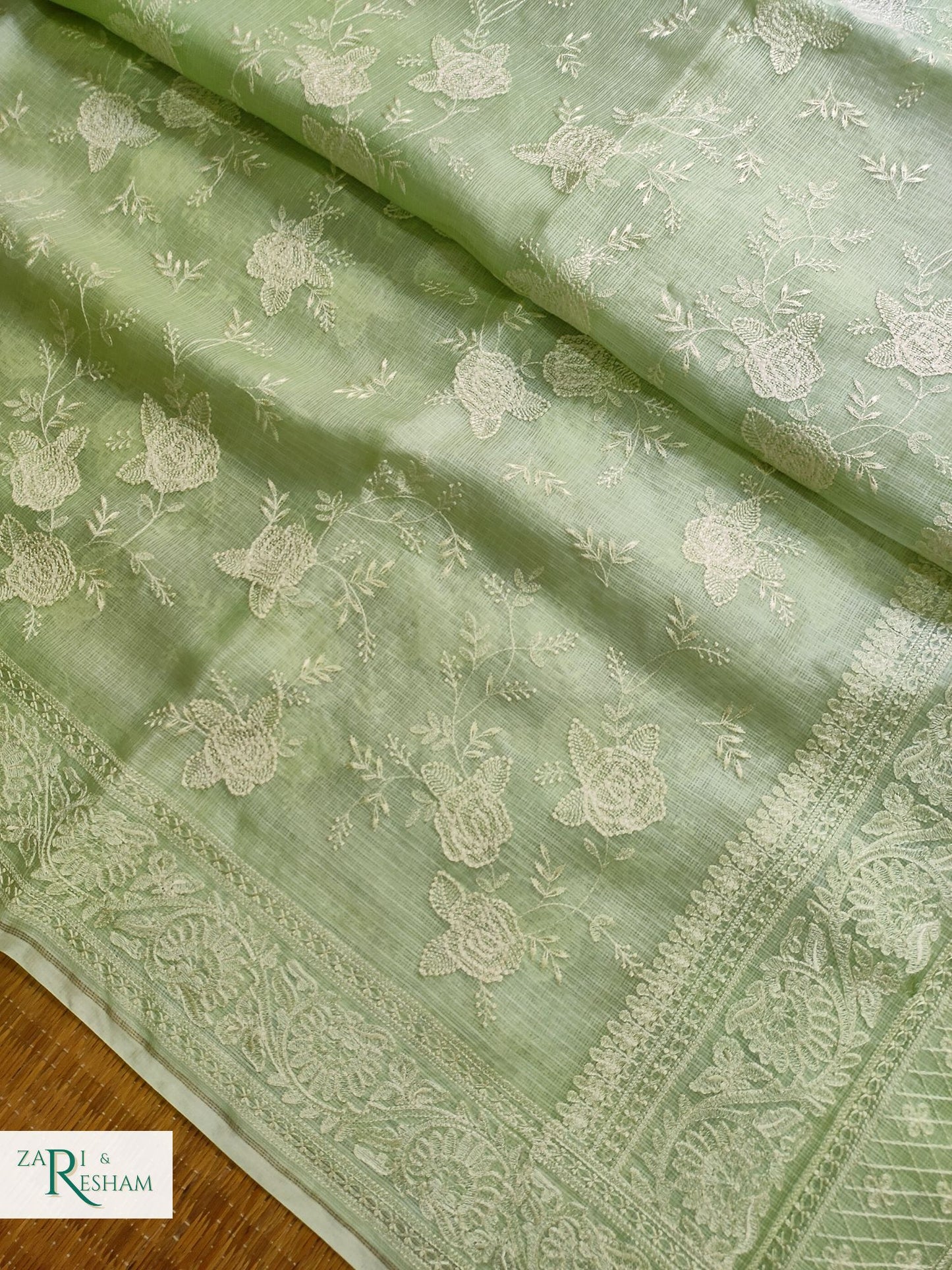 Pure Tusser Kota Silk Saree with Chikankari Rose Jaal Embroidery Work - Pista Green