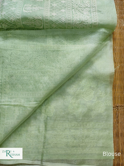 Pure Tusser Kota Silk Saree with Chikankari Rose Jaal Embroidery Work - Pista Green