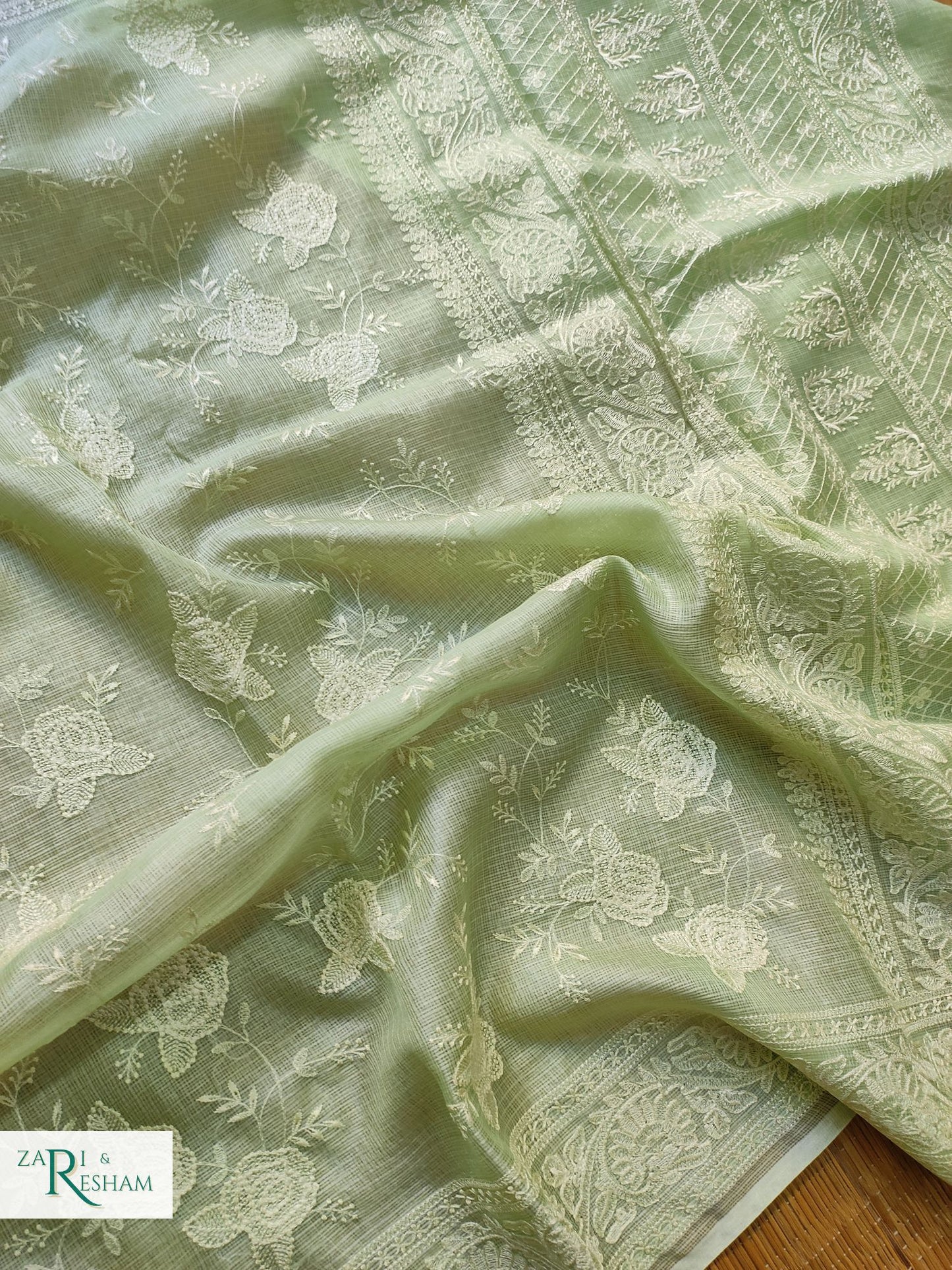 Pure Tusser Kota Silk Saree with Chikankari Rose Jaal Embroidery Work - Pista Green