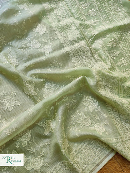 Pure Tusser Kota Silk Saree with Chikankari Rose Jaal Embroidery Work - Pista Green