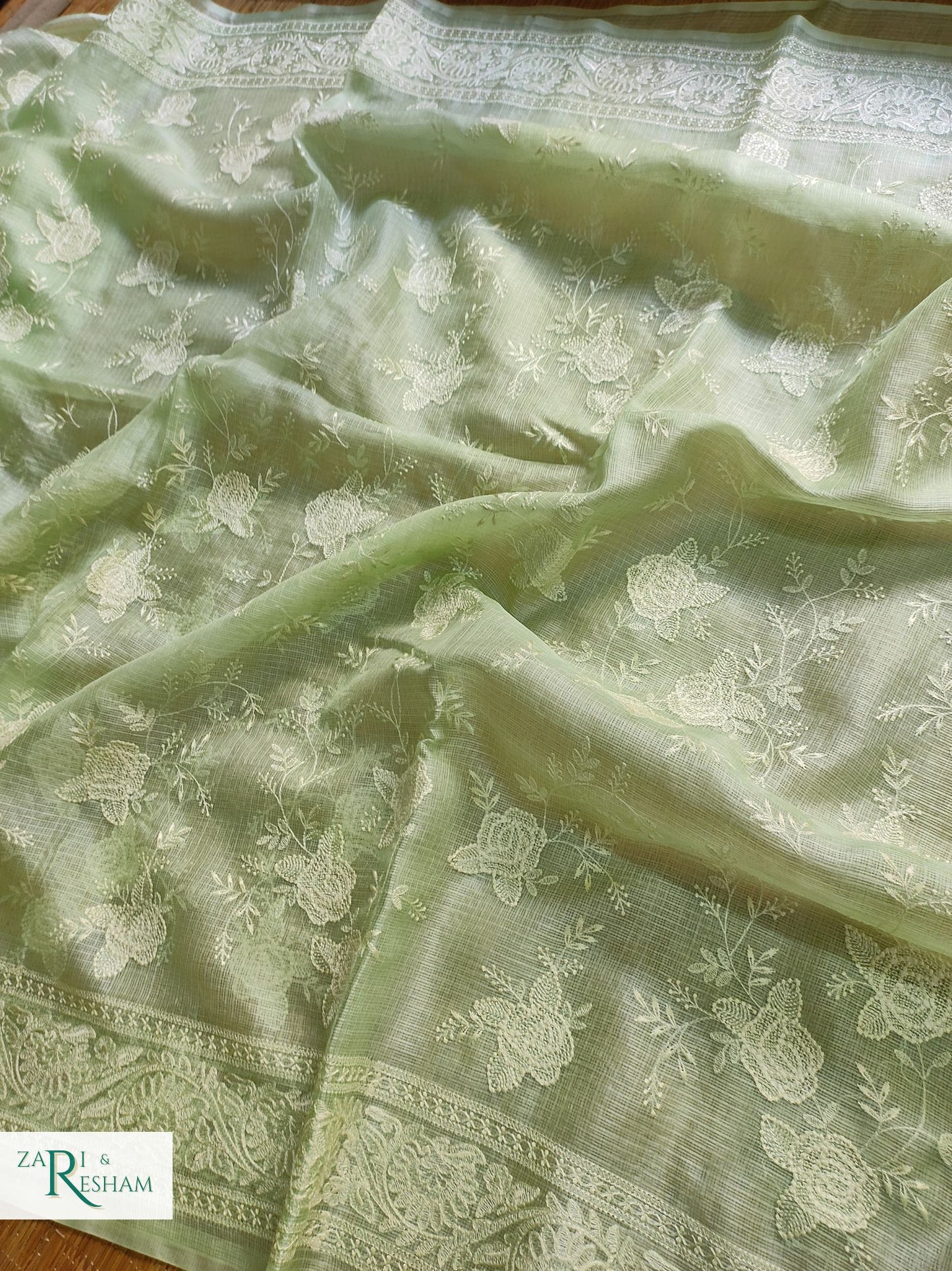 Pure Tusser Kota Silk Saree with Chikankari Rose Jaal Embroidery Work - Pista Green