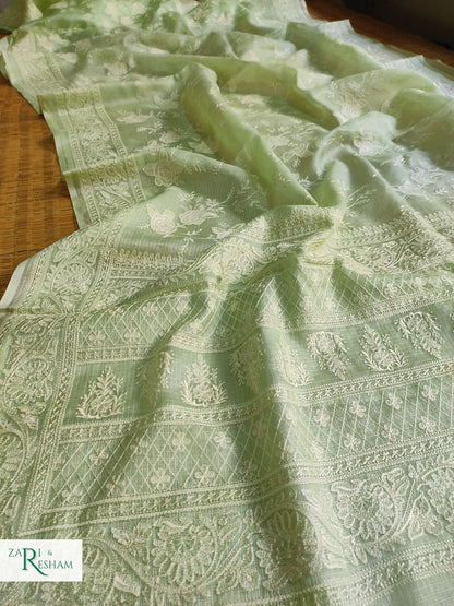 Pure Tusser Kota Silk Saree with Chikankari Rose Jaal Embroidery Work - Pista Green