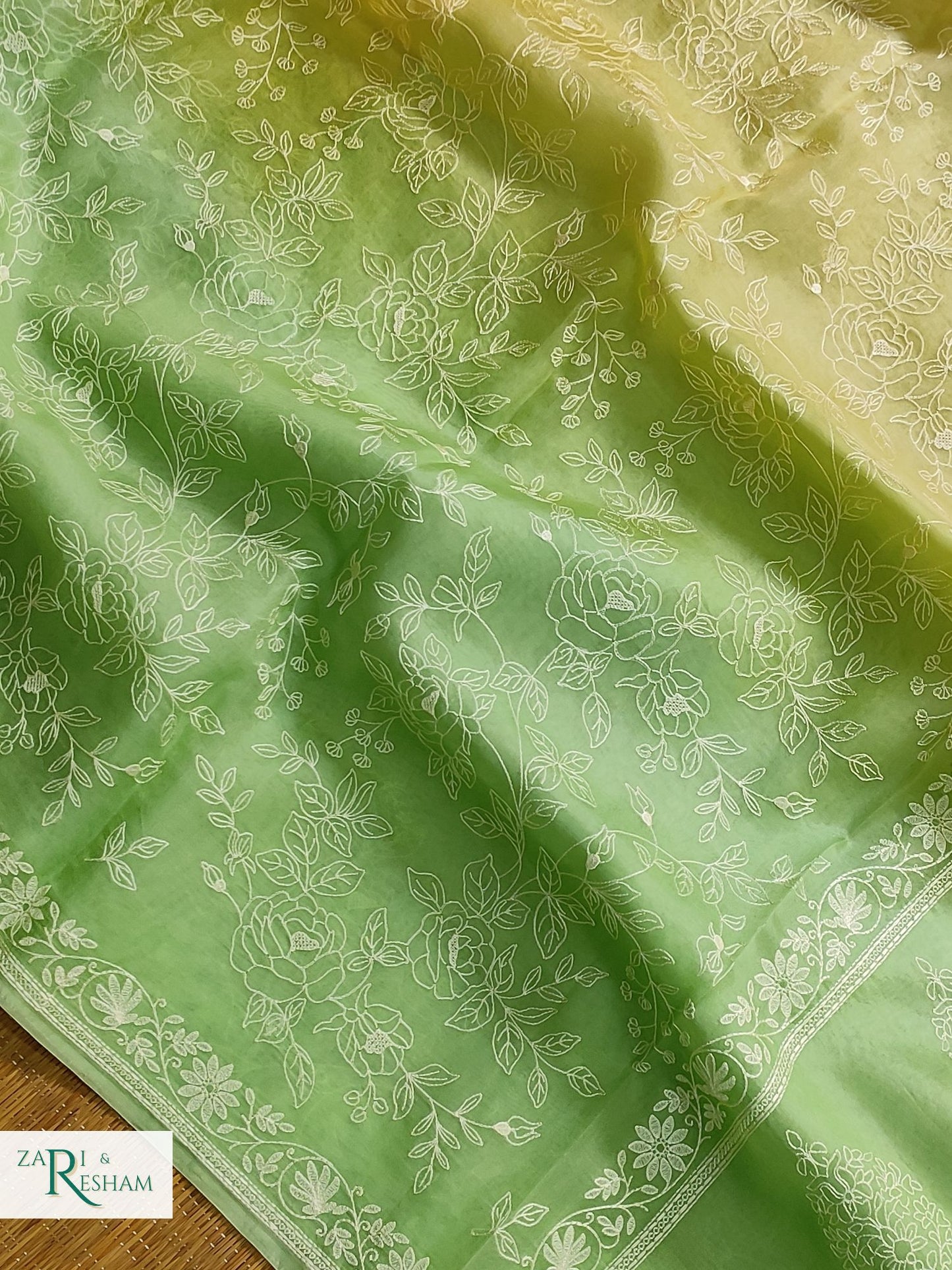 Pure Organza Silk Saree with Chikankari Embroidery Work in Dual Shade - Pista + Gold