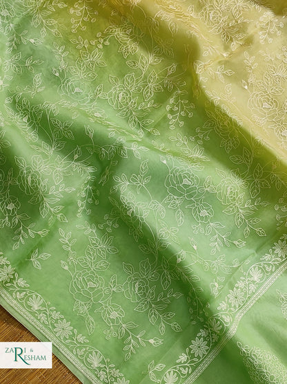 Pure Organza Silk Saree with Chikankari Embroidery Work in Dual Shade - Pista + Gold