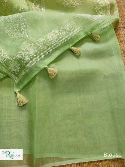 Pure Organza Silk Saree with Chikankari Embroidery Work in Dual Shade - Pista + Gold