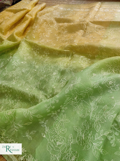 Pure Organza Silk Saree with Chikankari Embroidery Work in Dual Shade - Pista + Gold