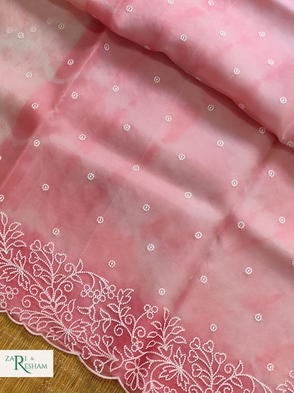 Pure Organza Silk Saree with Pearl Style Embroidery Work in Tied Dye Colour - Strawberry