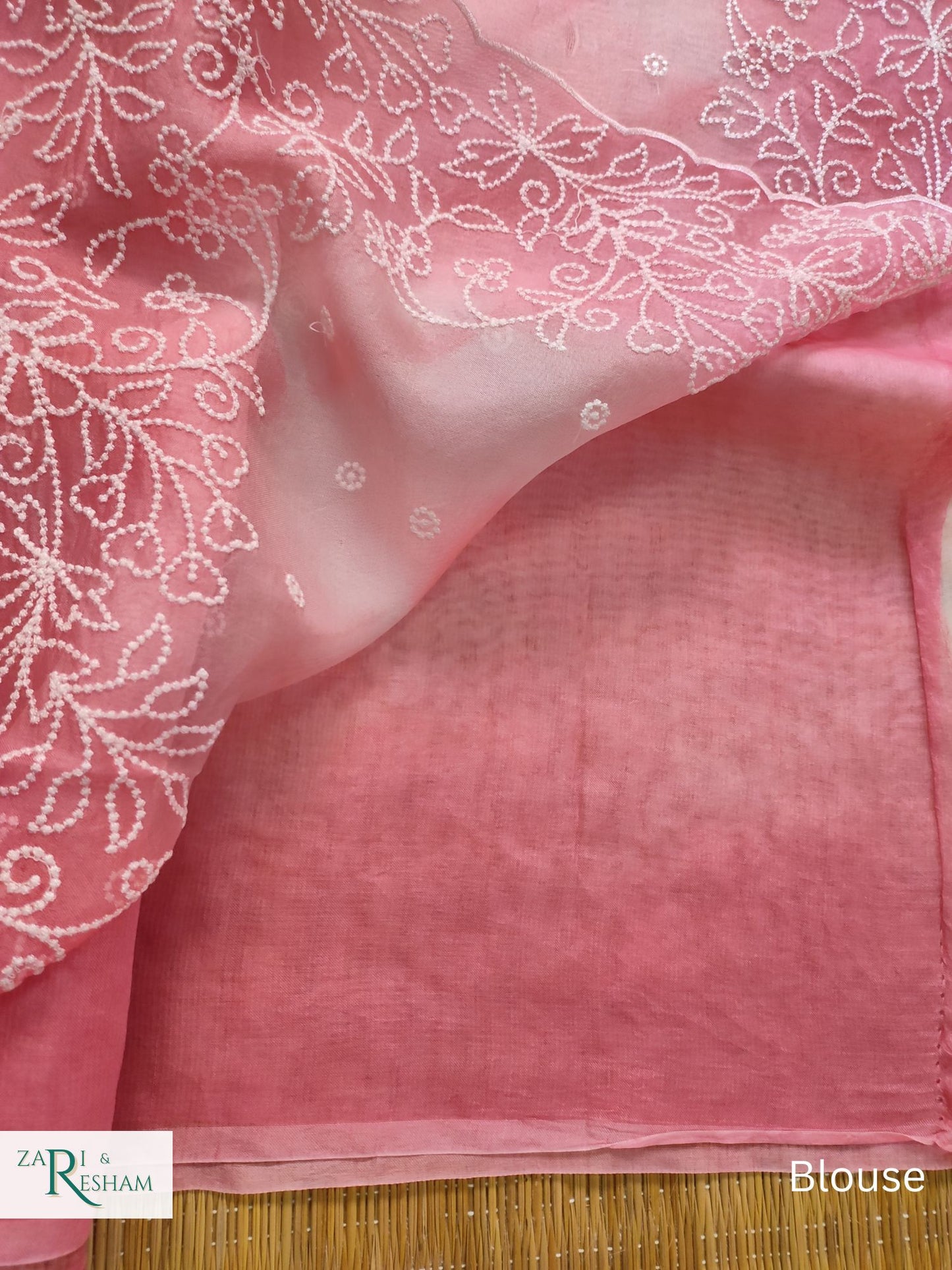 Pure Organza Silk Saree with Pearl Style Embroidery Work in Tied Dye Colour - Strawberry