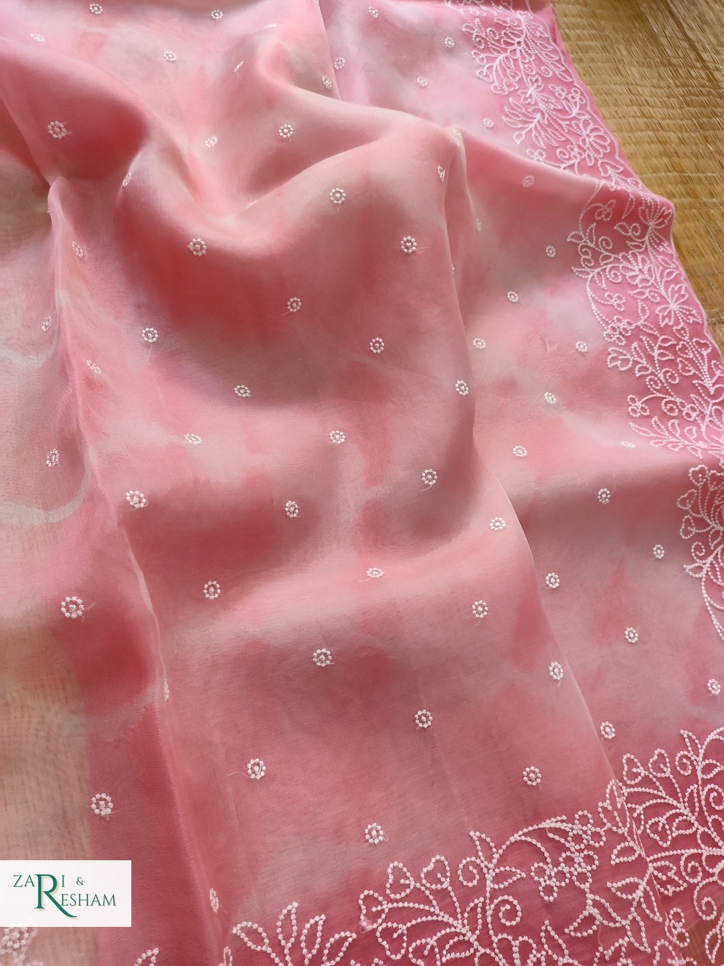 Pure Organza Silk Saree with Pearl Style Embroidery Work in Tied Dye Colour - Strawberry