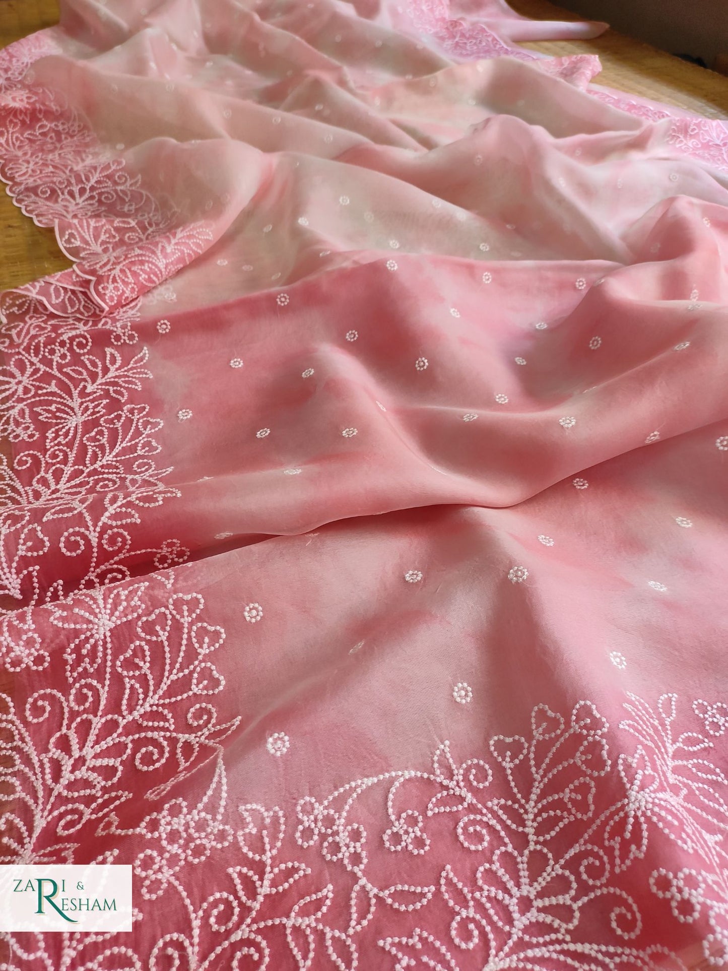 Pure Organza Silk Saree with Pearl Style Embroidery Work in Tied Dye Colour - Strawberry