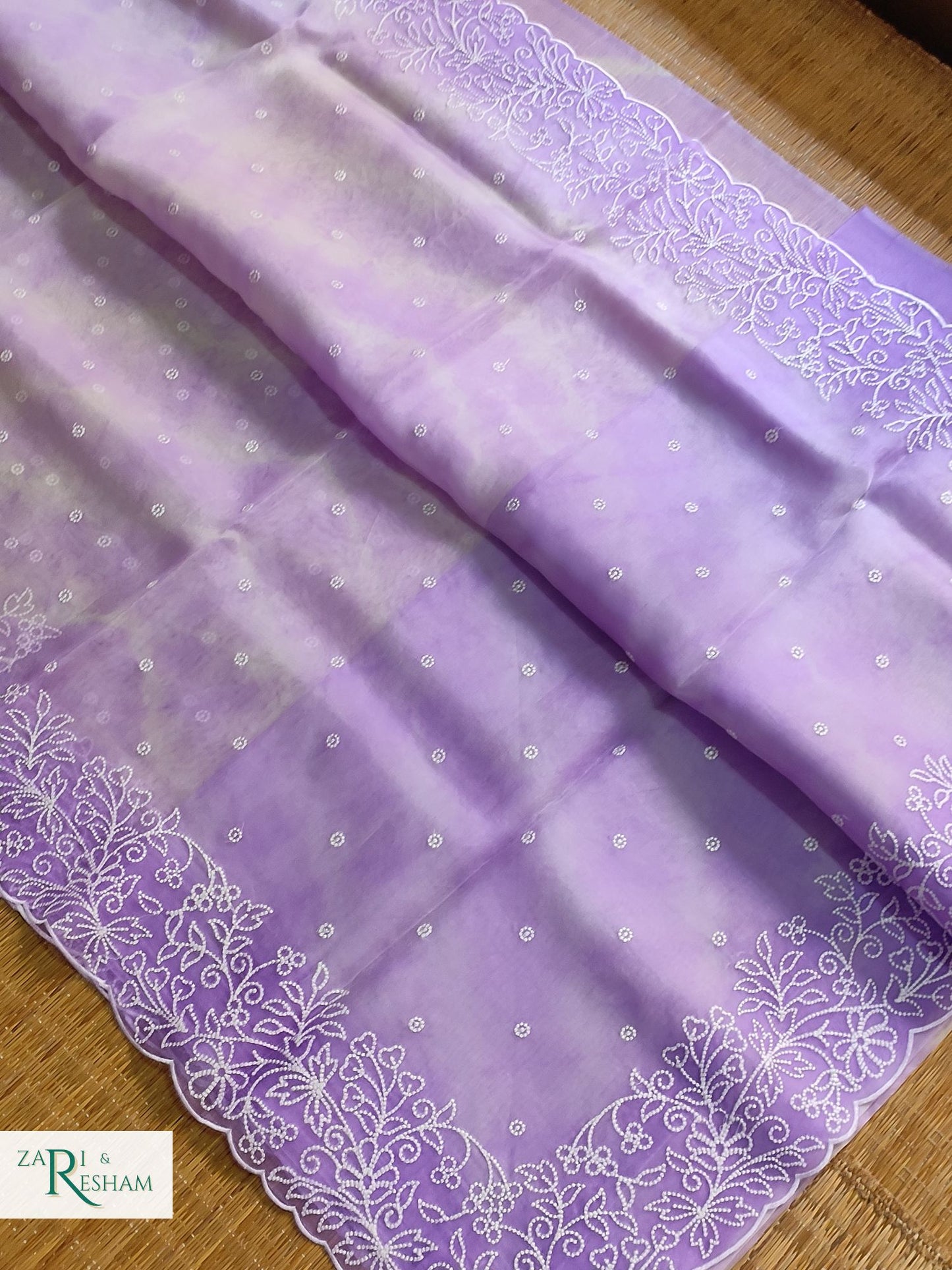 Pure Organza Silk Saree with Pearl Style Embroidery Work in Tied Dye Colour - Lavender