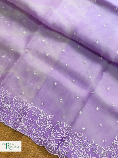 Pure Organza Silk Saree with Pearl Style Embroidery Work in Tied Dye Colour - Lavender