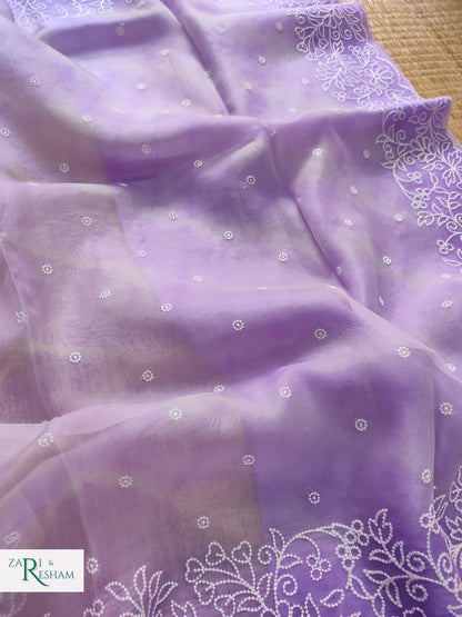 Pure Organza Silk Saree with Pearl Style Embroidery Work in Tied Dye Colour - Lavender