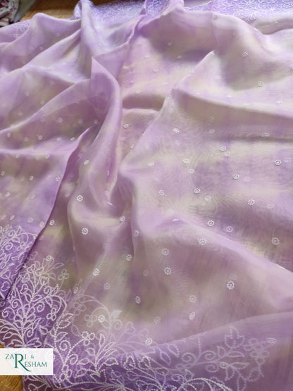 Pure Organza Silk Saree with Pearl Style Embroidery Work in Tied Dye Colour - Lavender