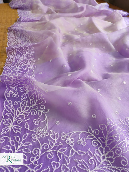 Pure Organza Silk Saree with Pearl Style Embroidery Work in Tied Dye Colour - Lavender