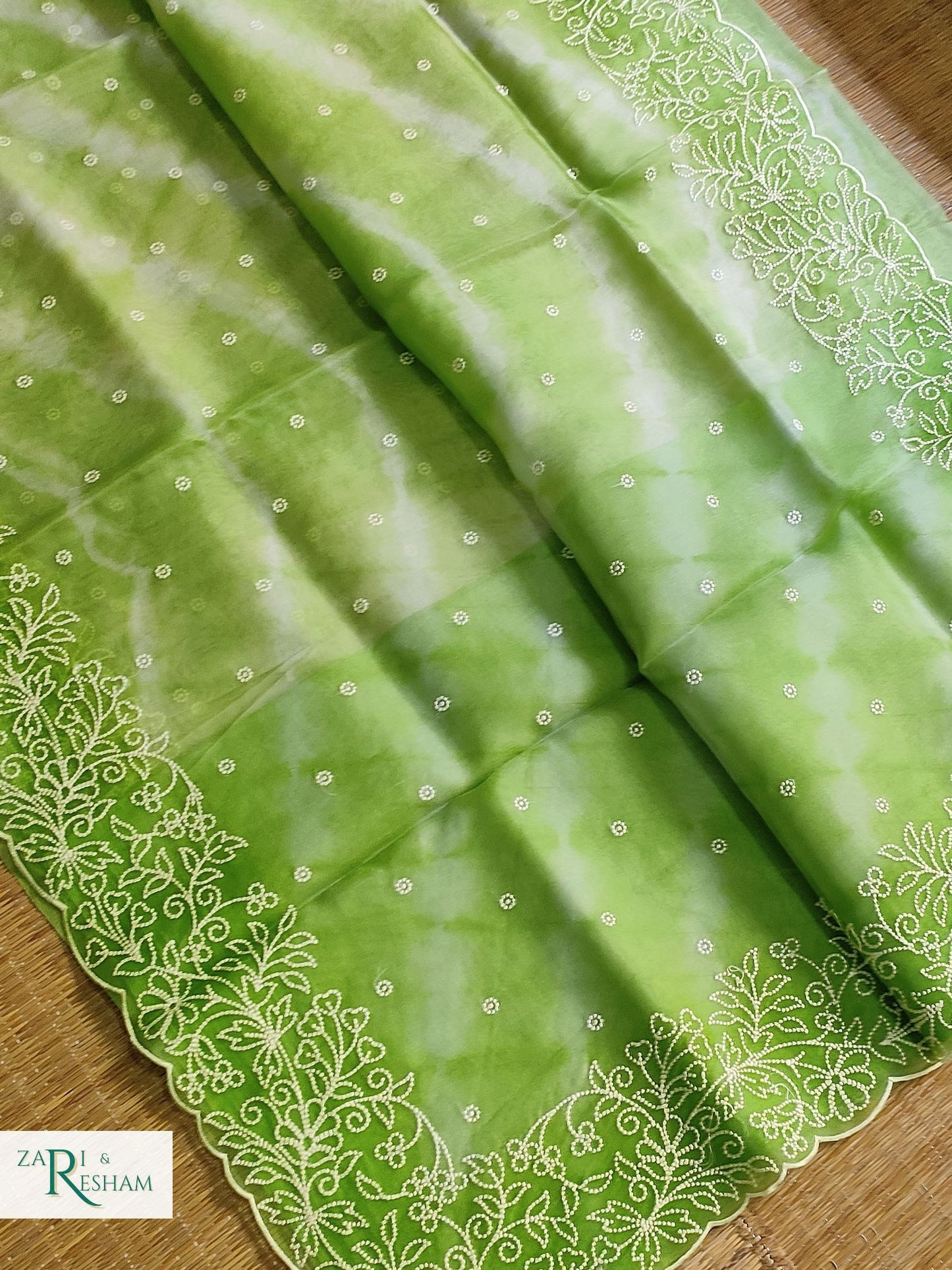 Pure Organza Silk Saree with Pearl Style Embroidery Work in Tied Dye Colour - Green