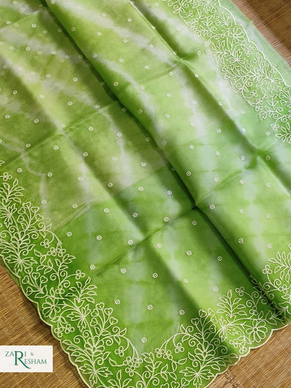 Pure Organza Silk Saree with Pearl Style Embroidery Work in Tied Dye Colour - Green